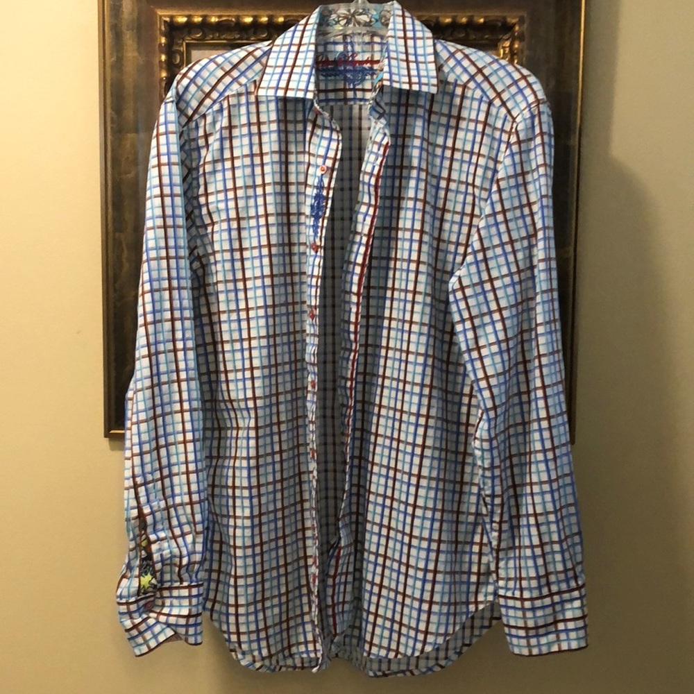 📣 Robert Graham Classic button down cotton shirt with fun embroidered trim cuff